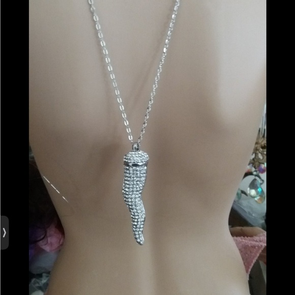 LRG Crystal Italian horn necklace unisex new silver back new - Picture 5 of 8